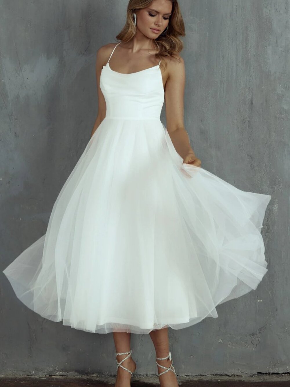 Selfie Leslie Floating By Pleated Neckline Mesh Midi Dress, White, size L, NWT